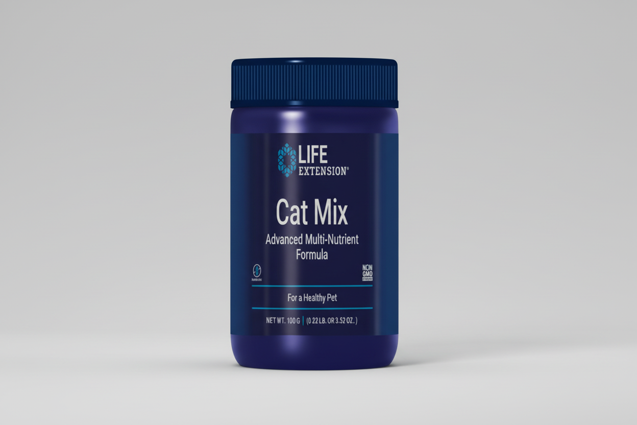Blue bottle of Life Extension Cat Mix Advanced Multi-Nutrient Formula on a white background