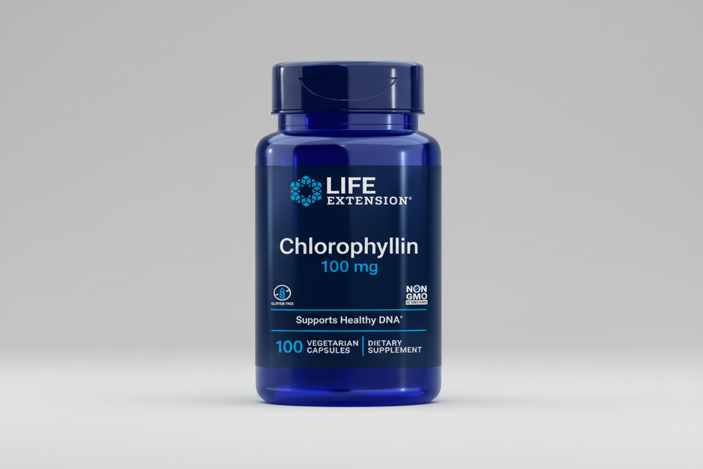 Life Extension Chlorophyllin supplement bottle on a white background