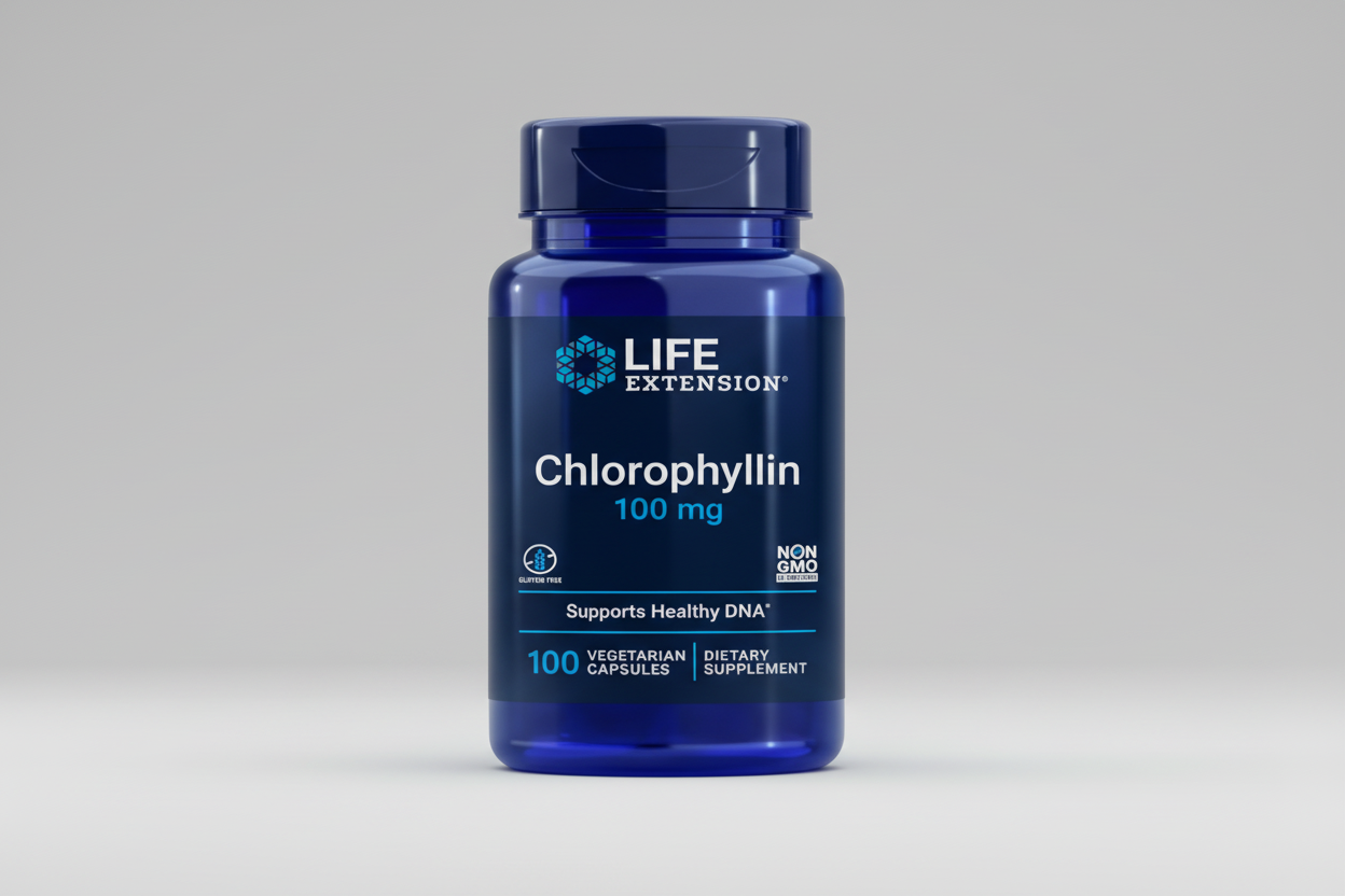 Life Extension Chlorophyllin supplement bottle on a white background
