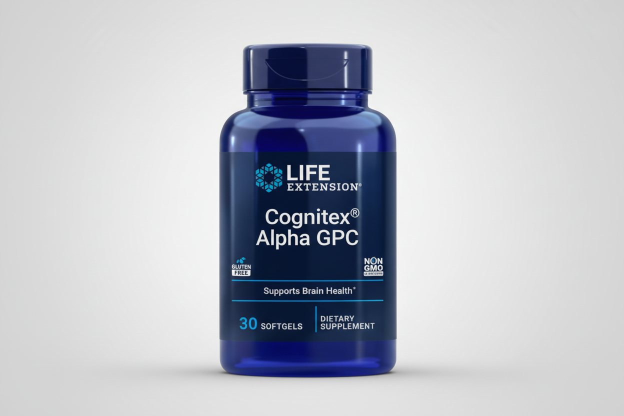 Blue supplement bottle labeled 'Cognitex Alpha GPC' by Life Extension on a white background