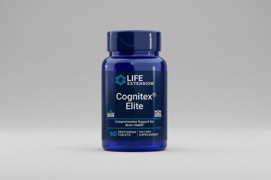 Blue bottle of Life Extension Cognitex Elite dietary supplement