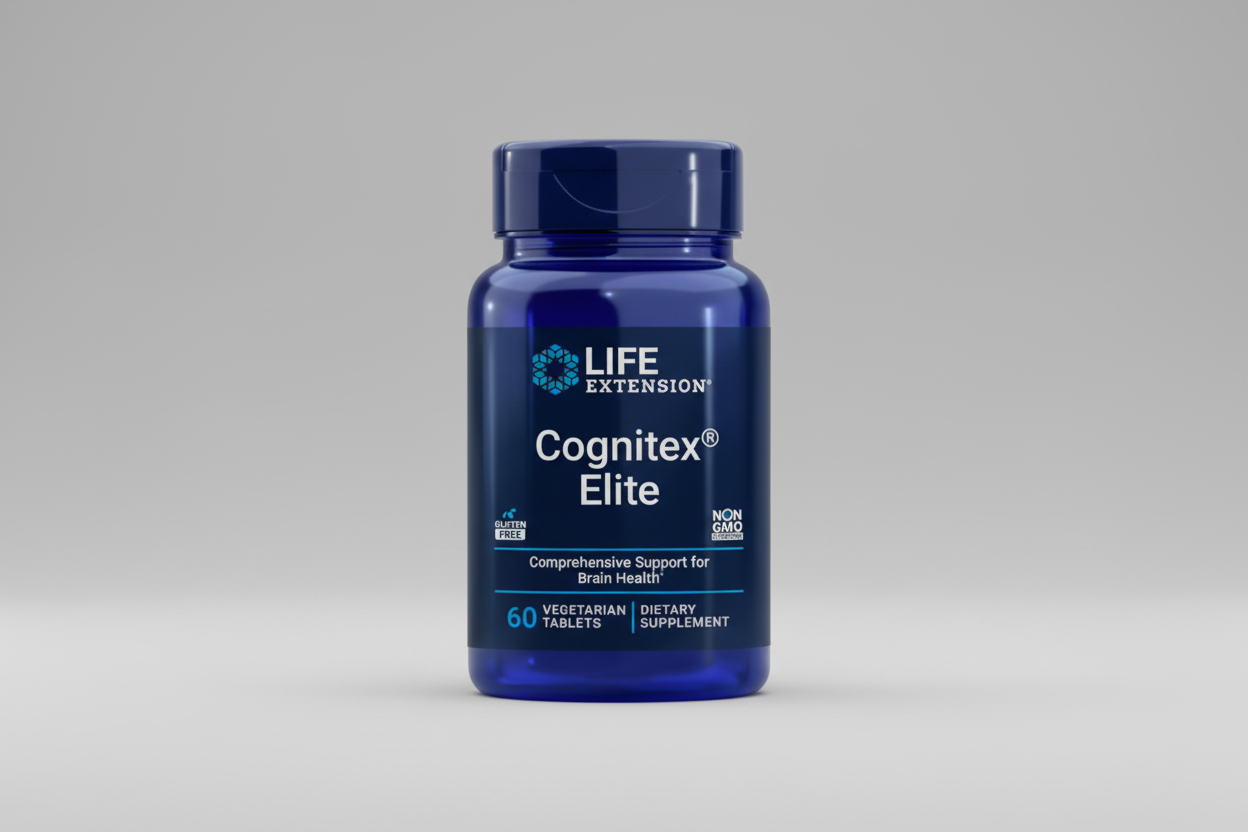 Blue bottle of Life Extension Cognitex Elite dietary supplement