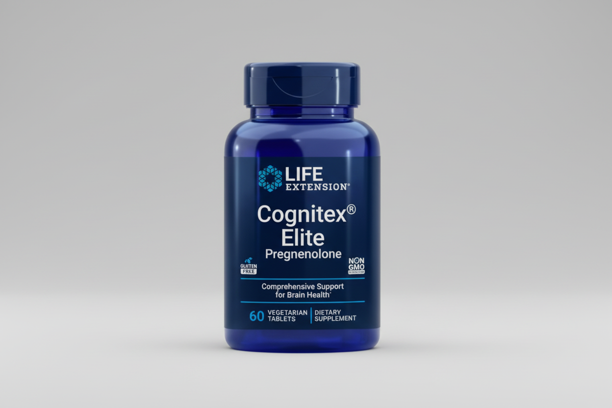 Blue supplement bottle labeled 'Cognitex Elite' by Life Extension on a white background