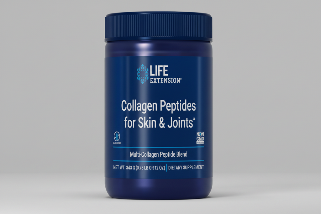 Blue supplement bottle labeled 'Collagen Peptides for Skin & Joints' by Life Extension on a white background.