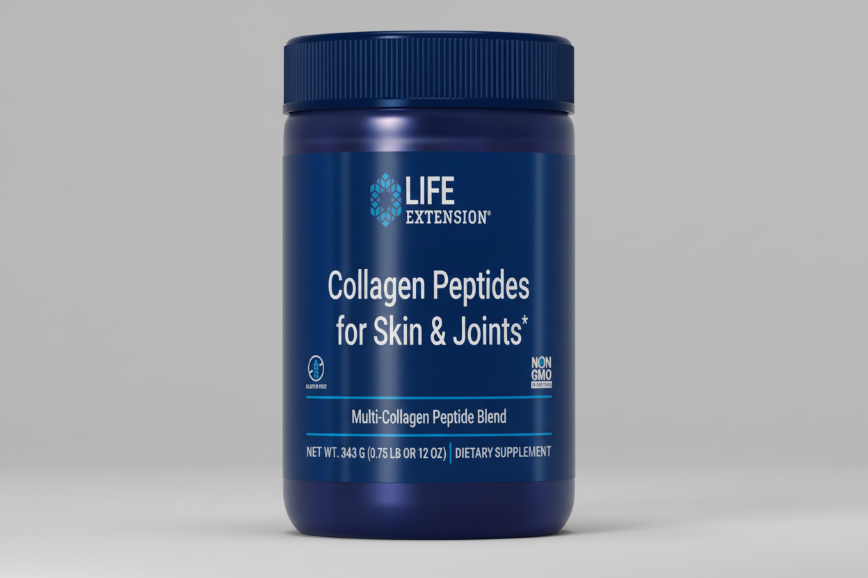 Blue supplement bottle labeled 'Collagen Peptides for Skin & Joints' by Life Extension on a white background.