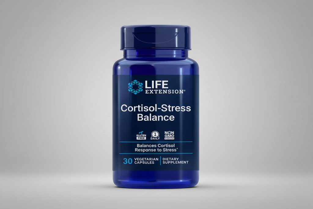 Life Extension Cortisol-Stress Balance supplement bottle on a white background