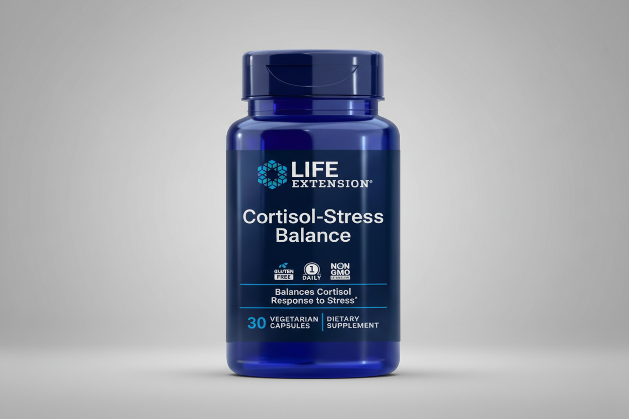 Life Extension Cortisol-Stress Balance supplement bottle on a white background