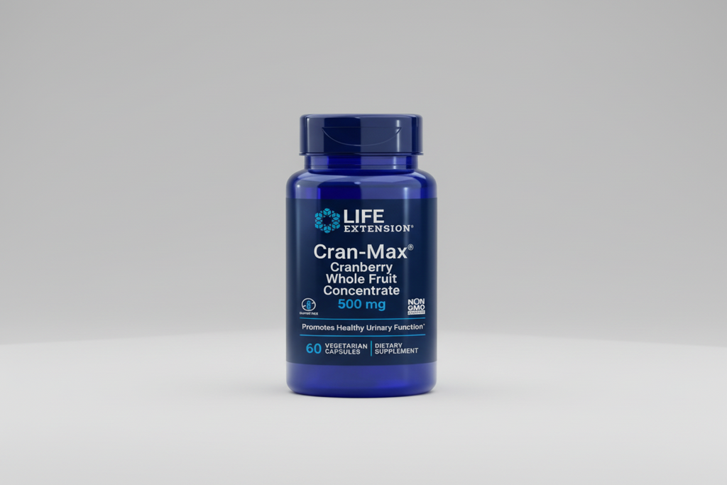 Blue supplement bottle labeled 'Cran-Max Cranberry Whole Fruit Concentrate' by Life Extension on a white background.