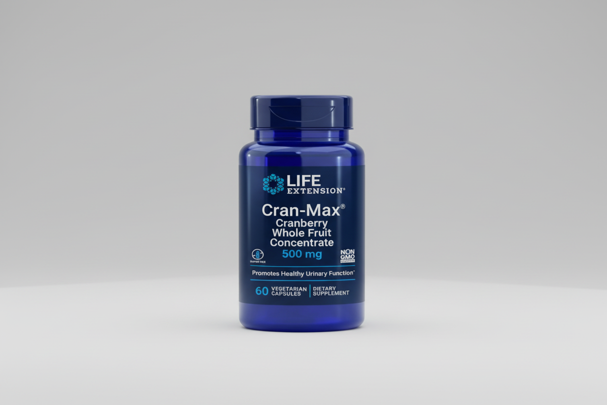 Blue supplement bottle labeled 'Cran-Max Cranberry Whole Fruit Concentrate' by Life Extension on a white background.