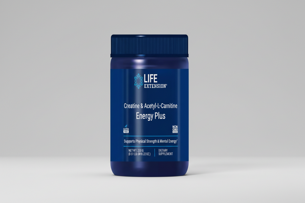 Blue supplement bottle labeled 'Life Extension Creatine & Acetyl-L-Carnitine Energy Plus' on a white background