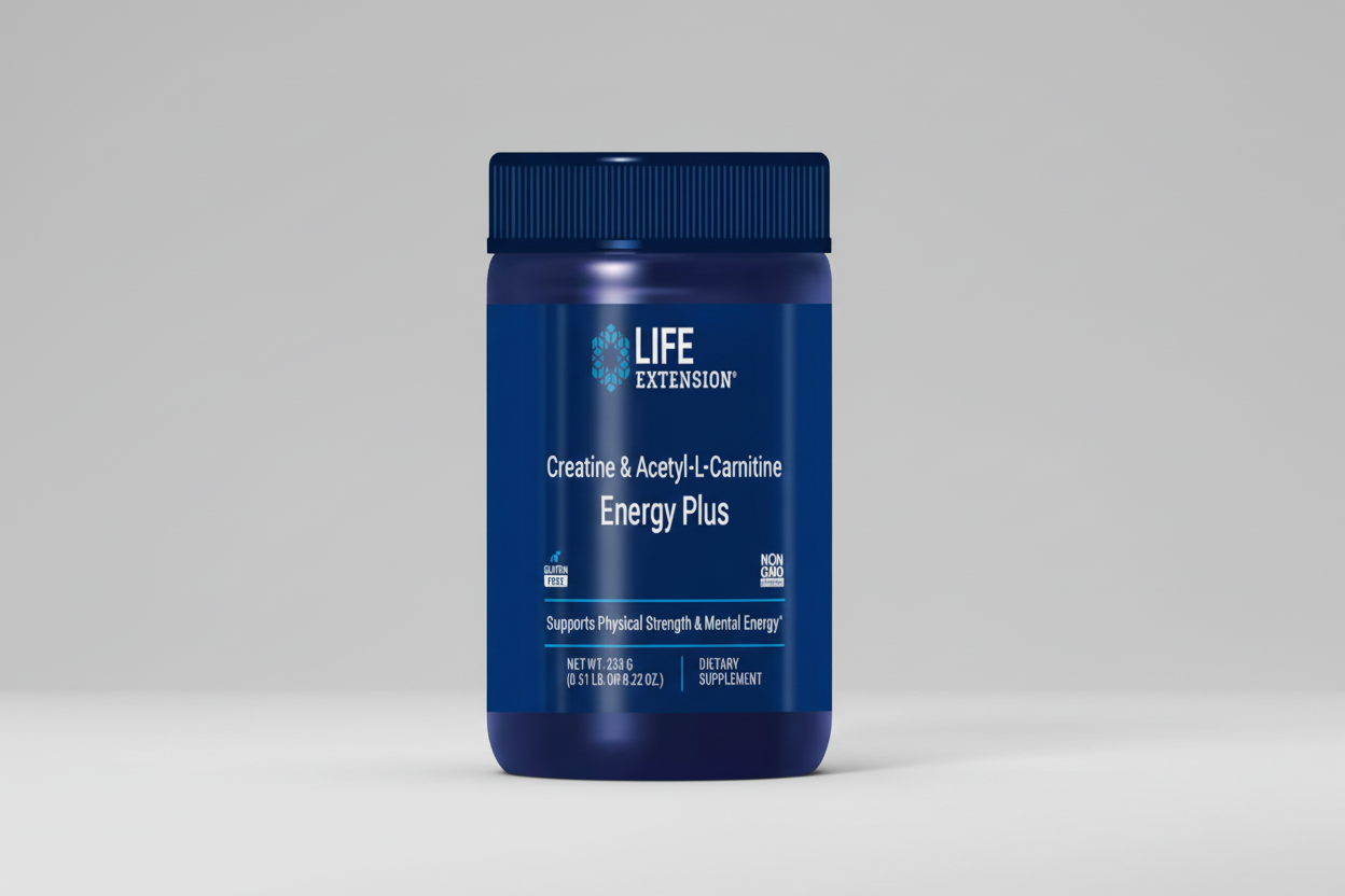 Blue supplement bottle labeled 'Life Extension Creatine & Acetyl-L-Carnitine Energy Plus' on a white background