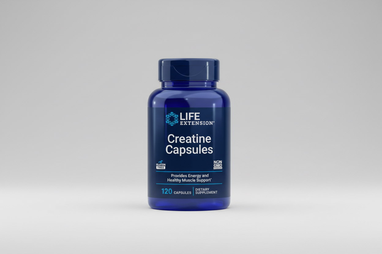 Blue bottle of Life Extension Creatine Capsules on a white background