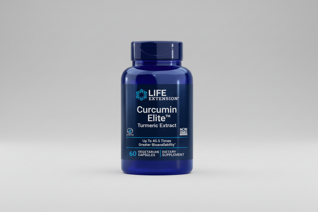 Life Extension Curcumin Elite Turmeric Extract supplement bottle on a white background