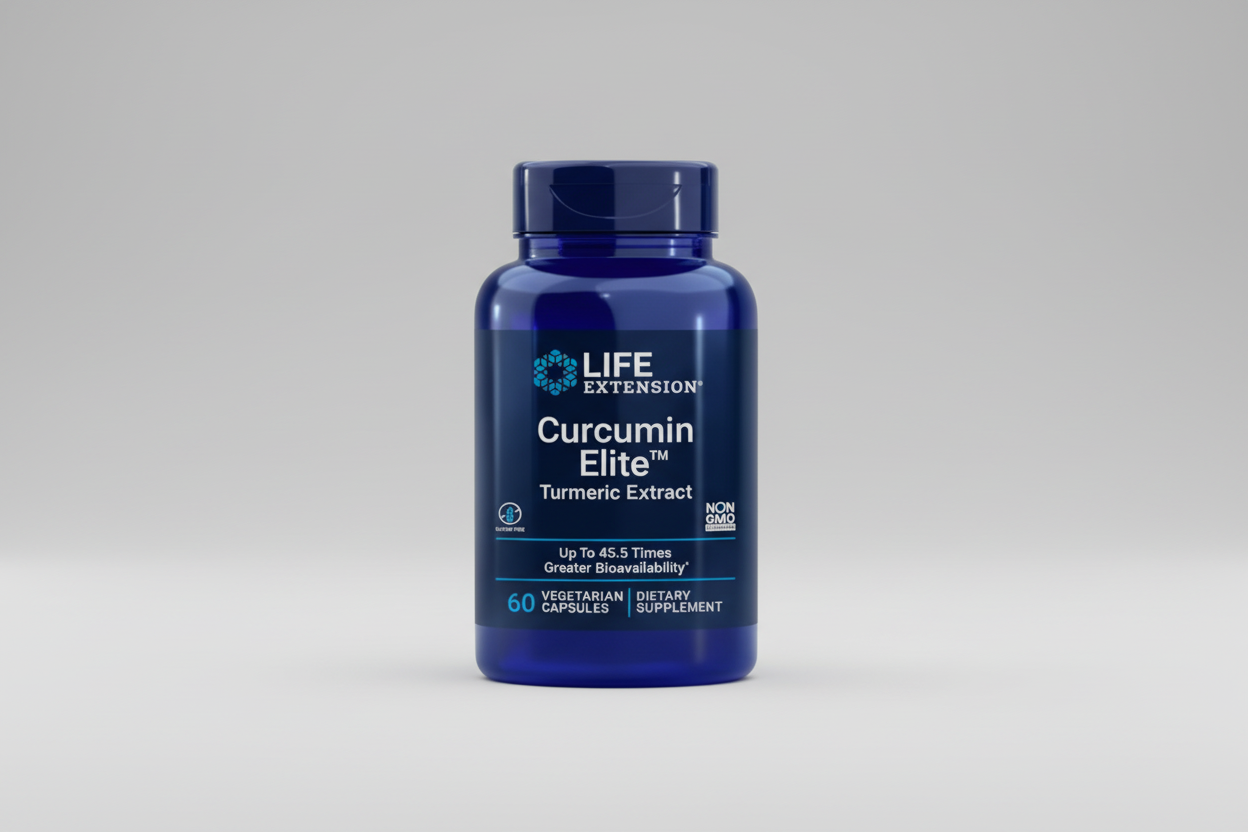 Life Extension Curcumin Elite Turmeric Extract supplement bottle on a white background