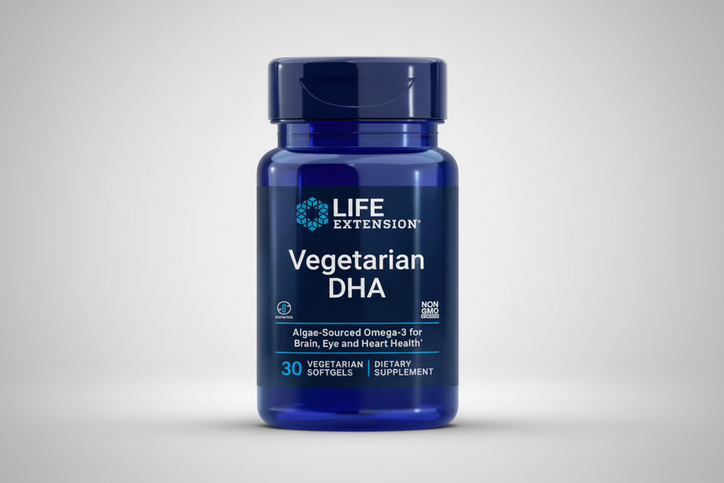 Life Extension vegetarian DHA supplement bottle on a white background