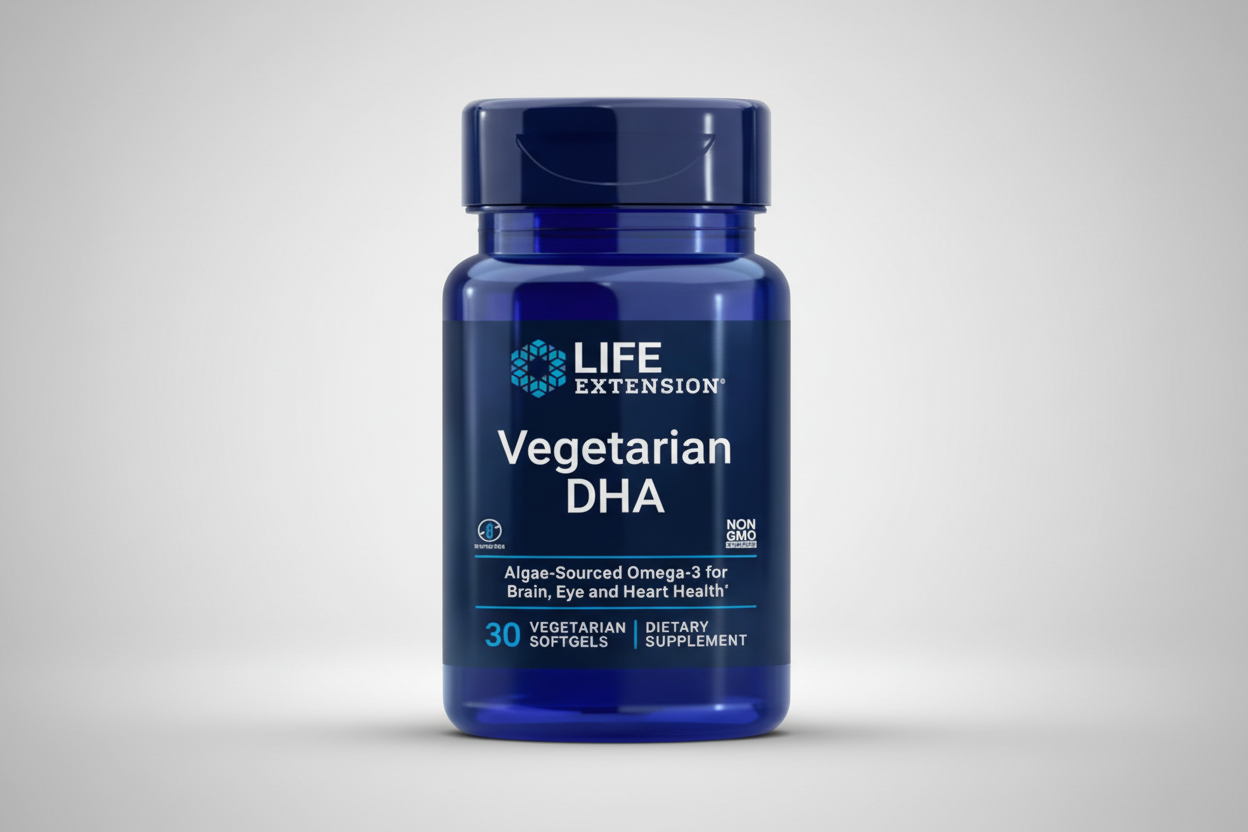 Life Extension vegetarian DHA supplement bottle on a white background