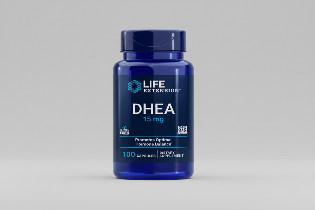 Life Extension DHEA supplement bottle with blue label