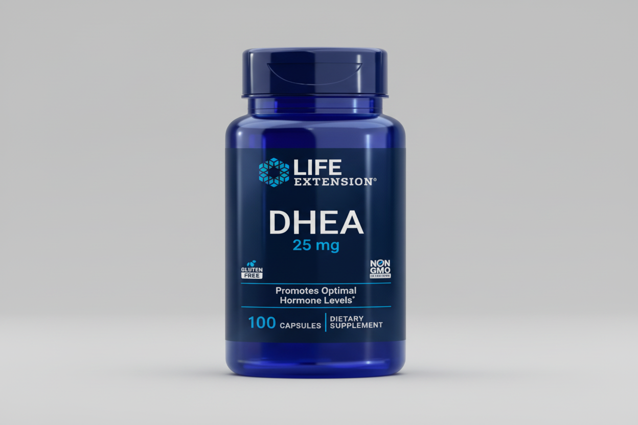 Life Extension DHEA supplement bottle with blue label