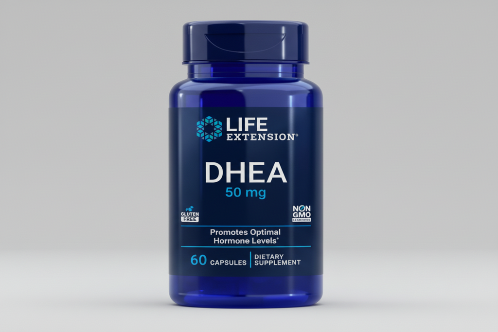 Life Extension DHEA supplement bottle with blue label