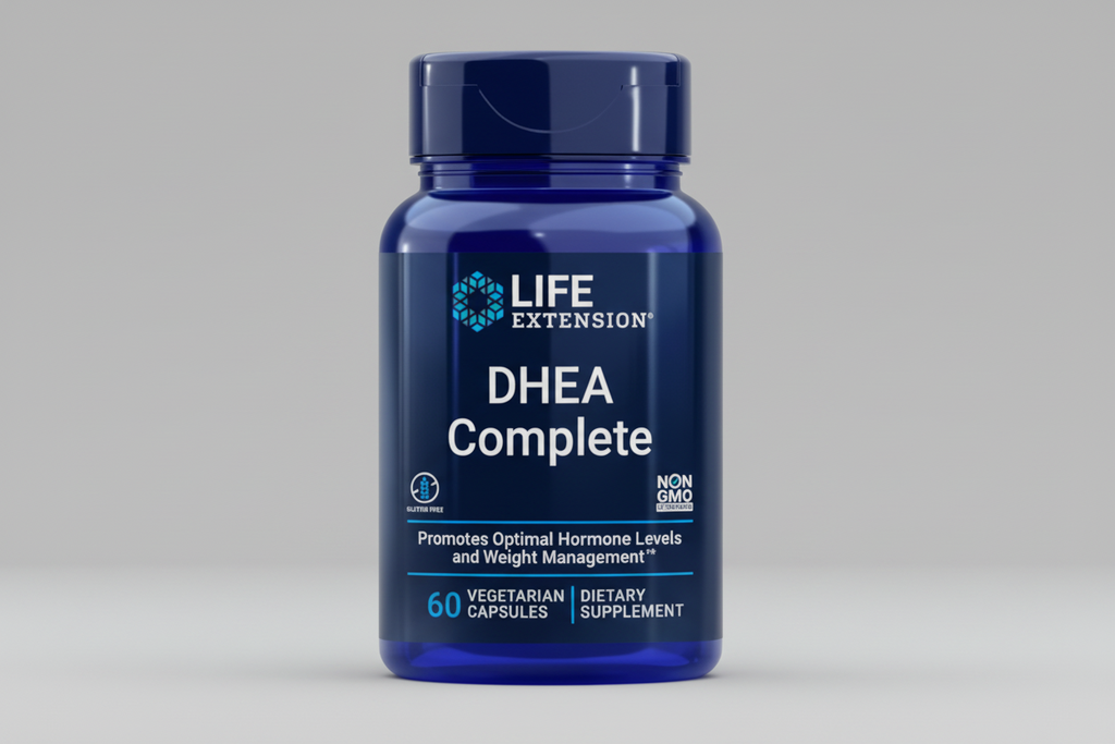 Blue supplement bottle labeled 'DHEA Complete' by Life Extension on a white background