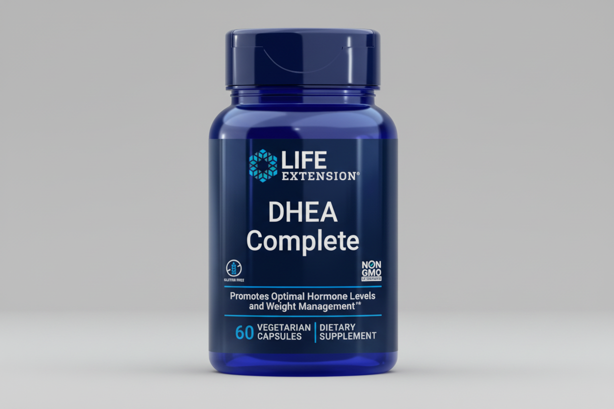 Blue supplement bottle labeled 'DHEA Complete' by Life Extension on a white background