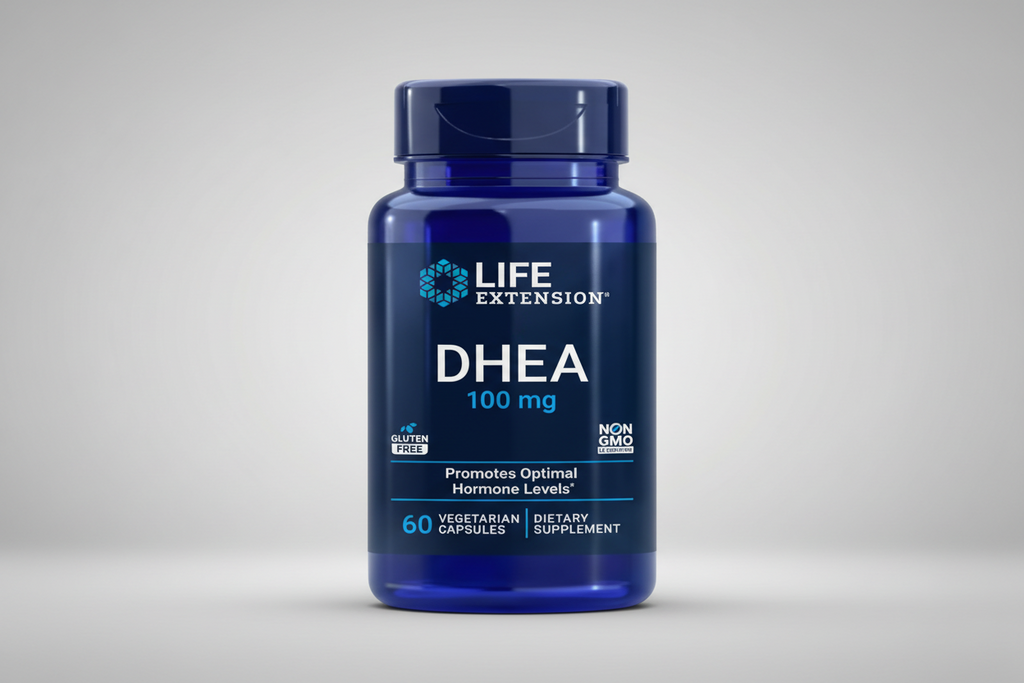 Blue bottle of Life Extension DHEA 100 mg dietary supplement with label