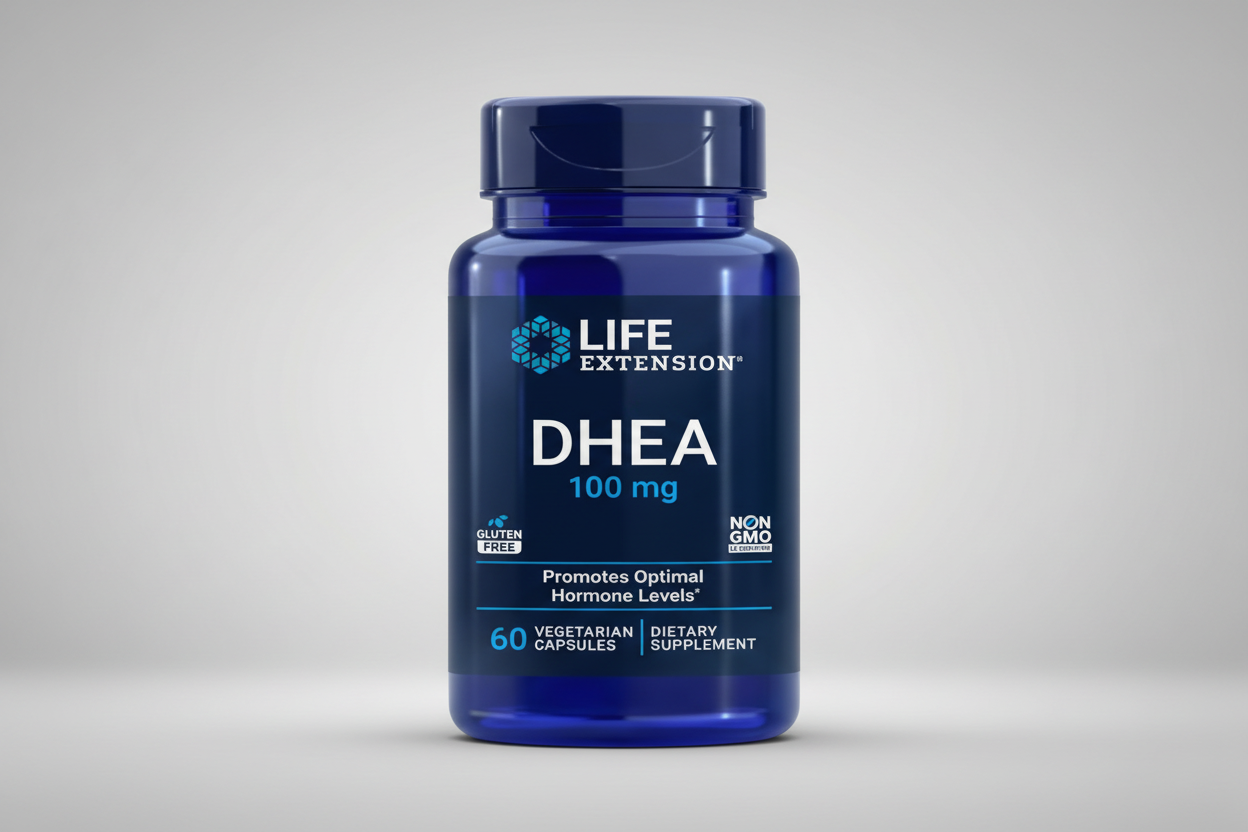 Blue bottle of Life Extension DHEA 100 mg dietary supplement with label