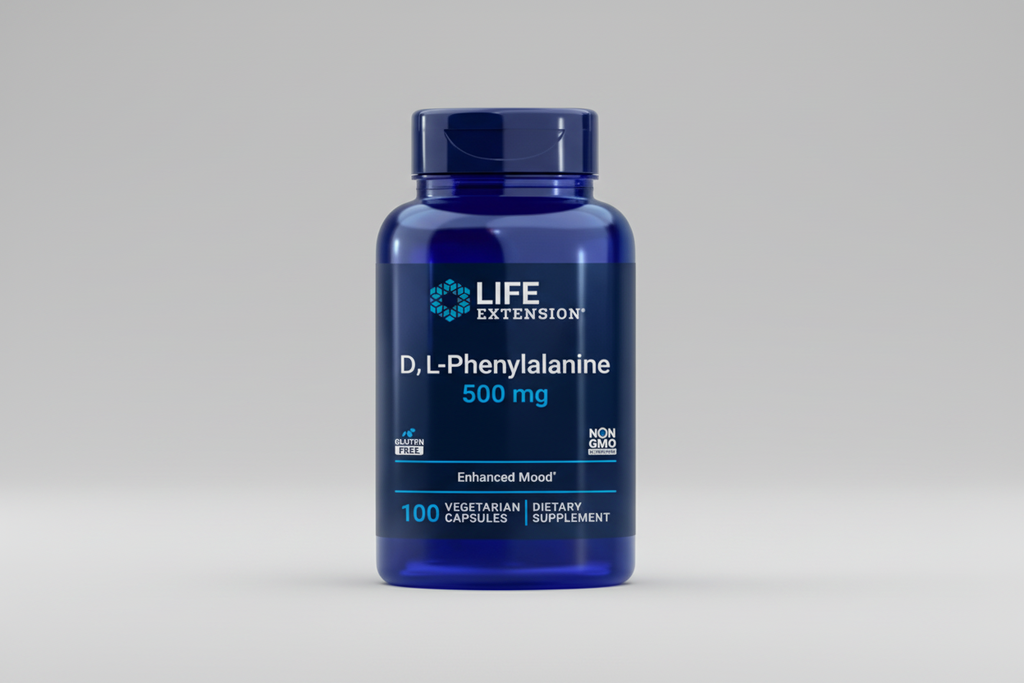 Life Extension D,L-Phenylalanine supplement bottle on a white background