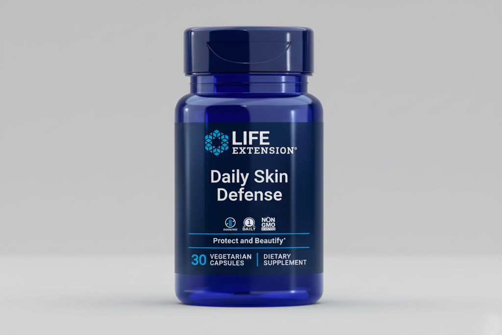 Life Extension Daily Skin Defense supplement bottle on a black background