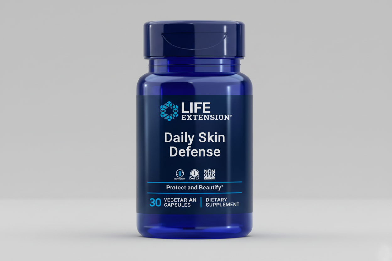 Life Extension Daily Skin Defense supplement bottle on a black background