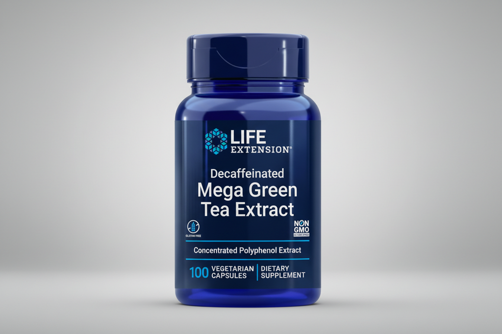 Life Extension Decaffeinated Mega Green Tea Extract supplement bottle