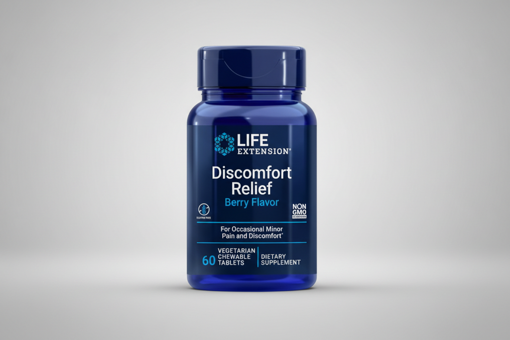 Life Extension Discomfort Relief supplement bottle with blue label
