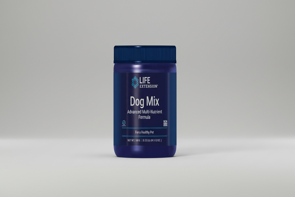 Blue supplement bottle labeled 'Dog Mix' by Life Extension on a white background