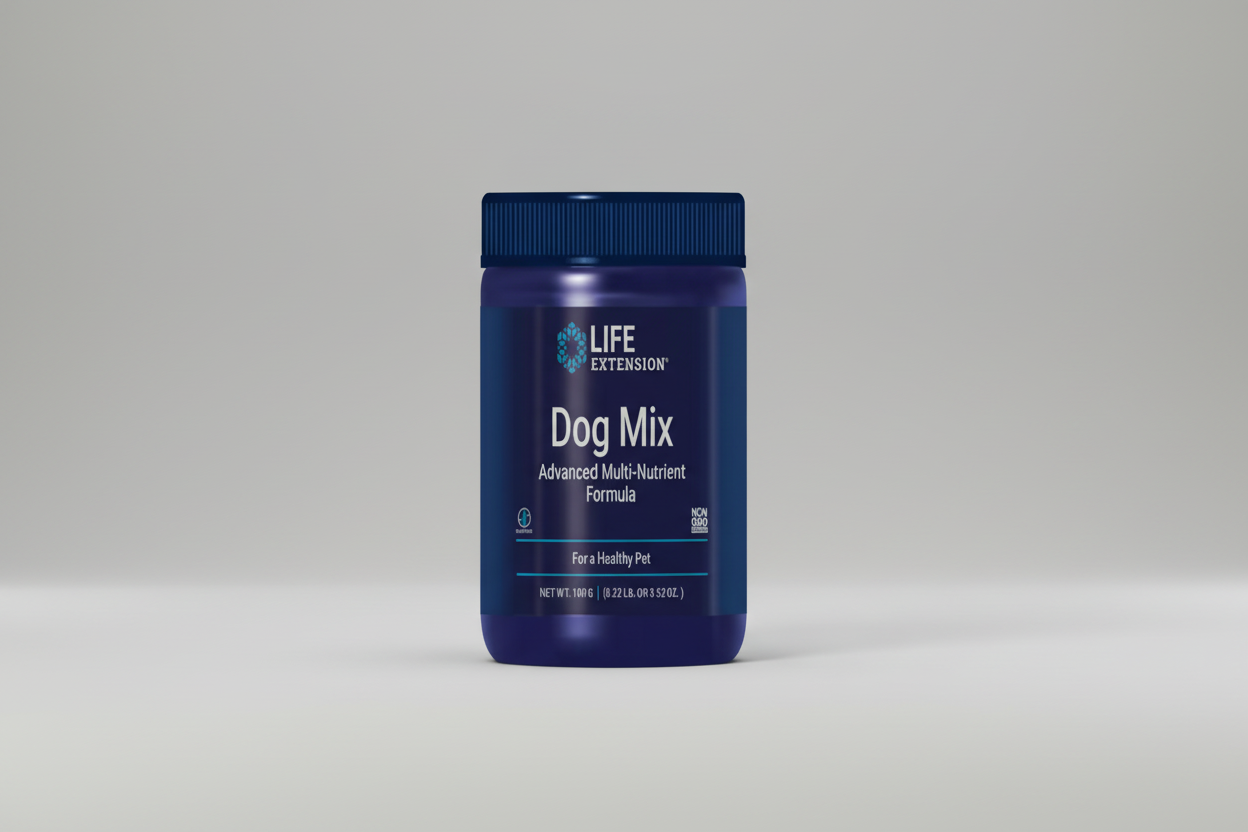 Blue supplement bottle labeled 'Dog Mix' by Life Extension on a white background