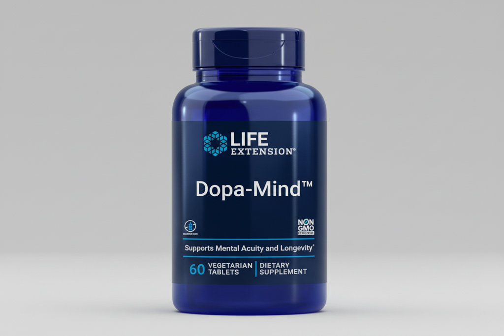 Blue supplement bottle labeled 'Dopa-Mind' by Life Extension on a white background