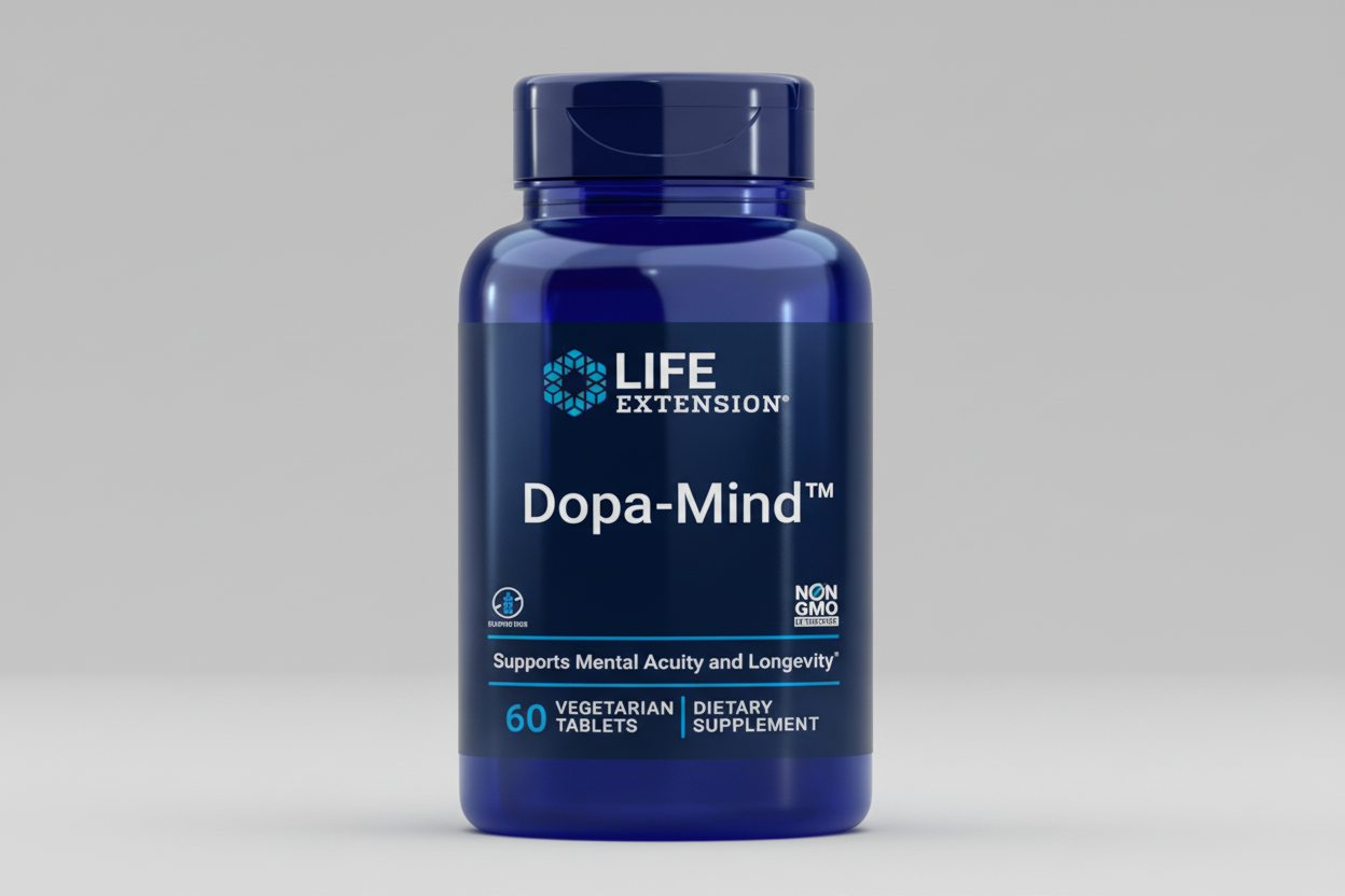 Blue supplement bottle labeled 'Dopa-Mind' by Life Extension on a white background
