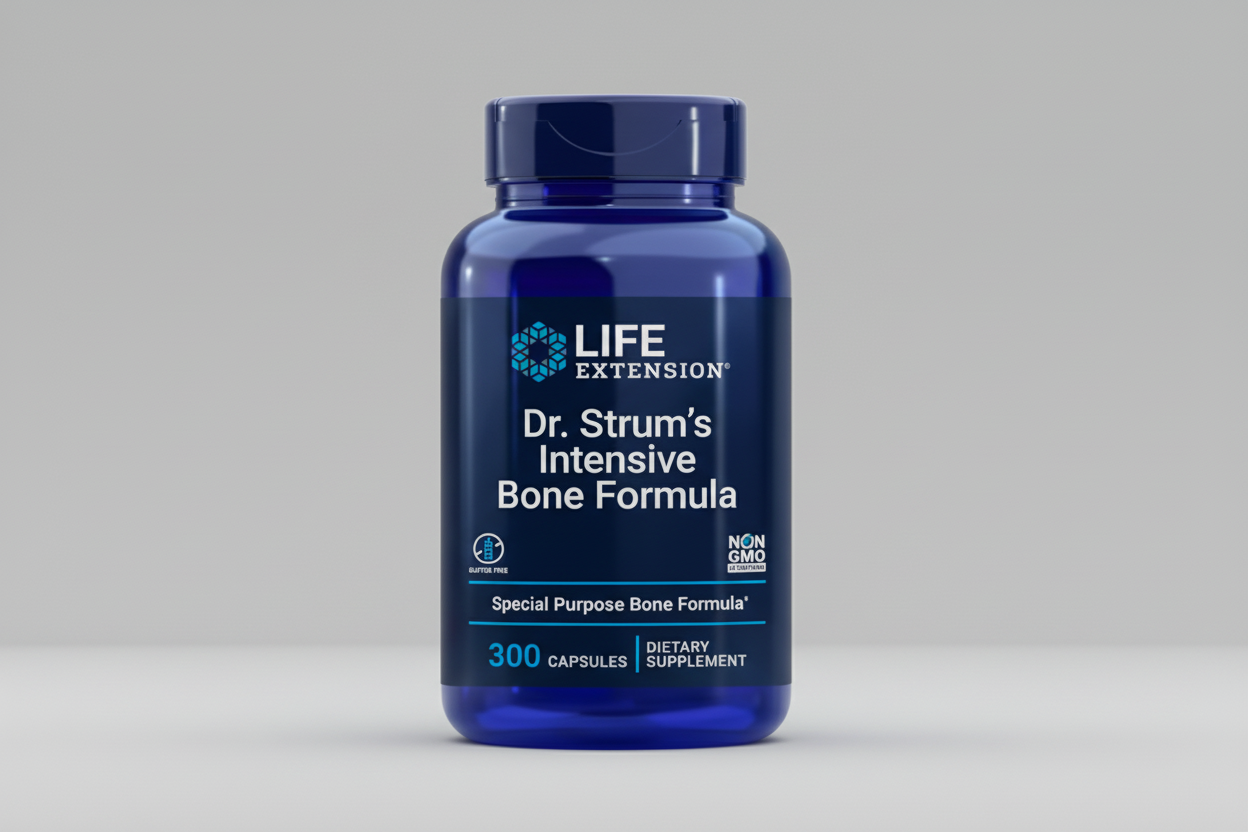 Blue supplement bottle labeled 'Dr. Strum's Intensive Bone Formula' by Life Extension on a white background.