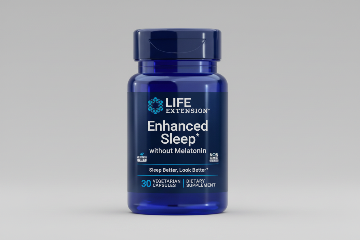 Life Extension Enhanced Sleep supplement bottle on a white background