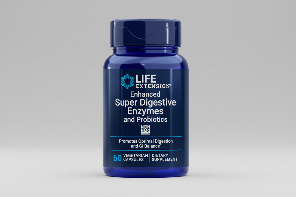 Blue bottle of Life Extension Enhanced Super Digestive Enzymes and Probiotics on a white background