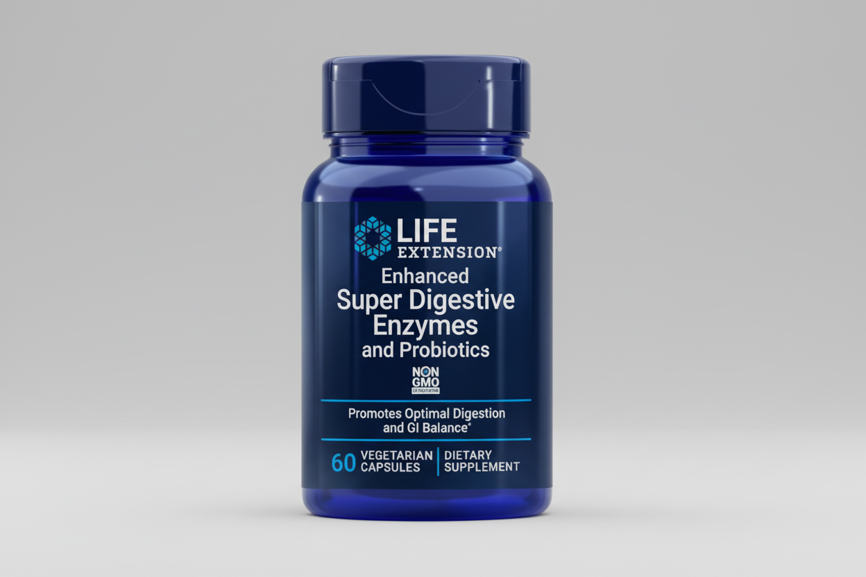 Blue bottle of Life Extension Enhanced Super Digestive Enzymes and Probiotics on a white background