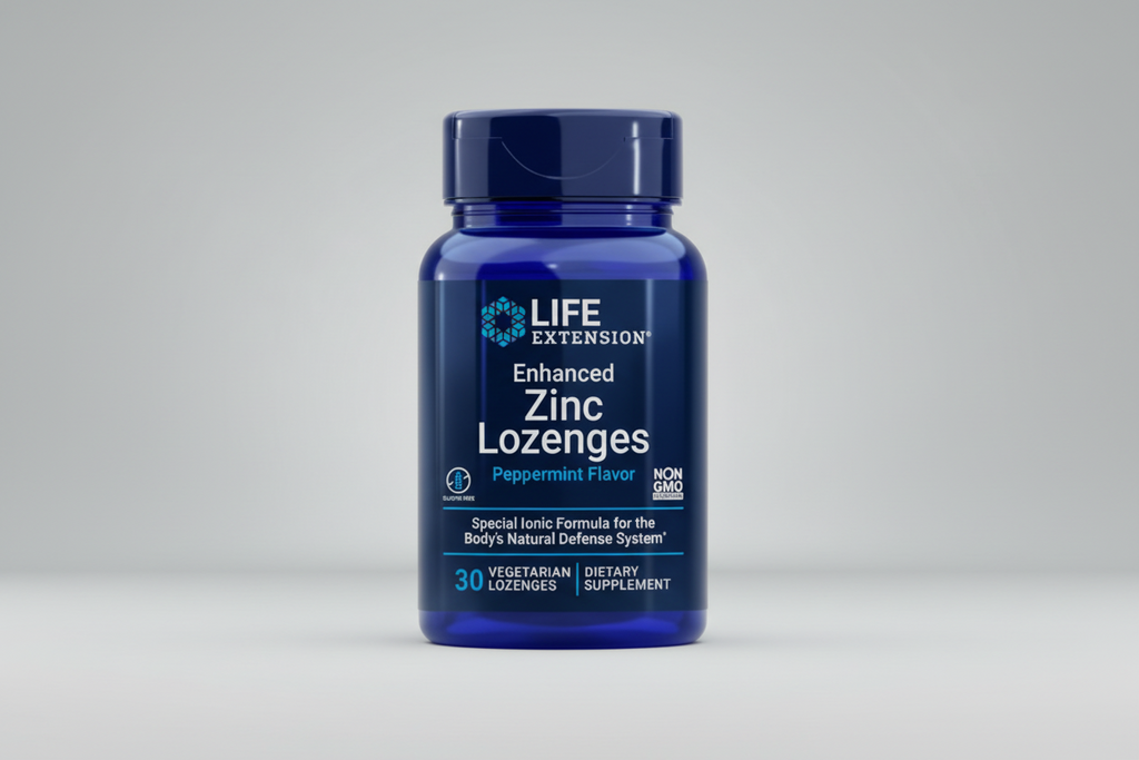 Blue bottle of Life Extension Enhanced Zinc Lozenges with peppermint flavor on a white background