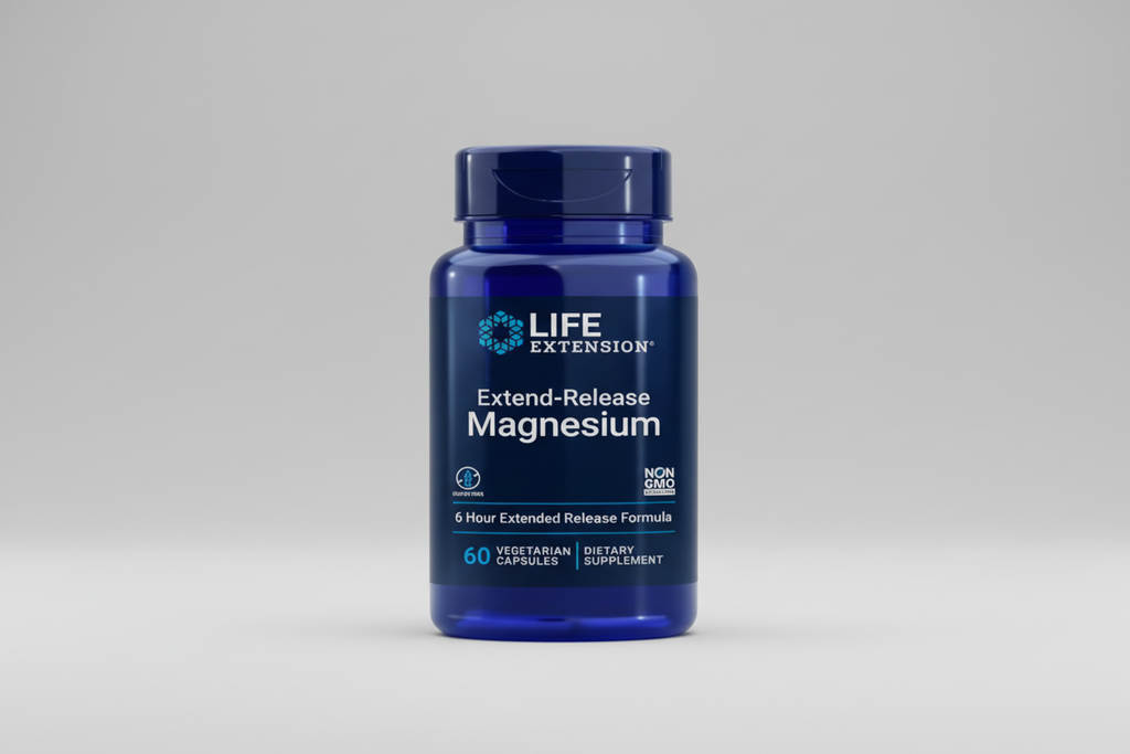 Life Extension Extend-Release Magnesium supplement bottle on a white background