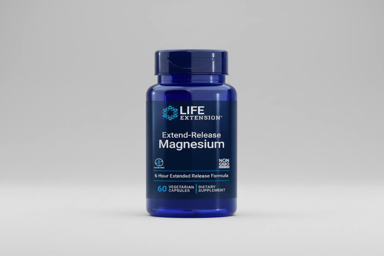 Life Extension Extend-Release Magnesium supplement bottle on a white background
