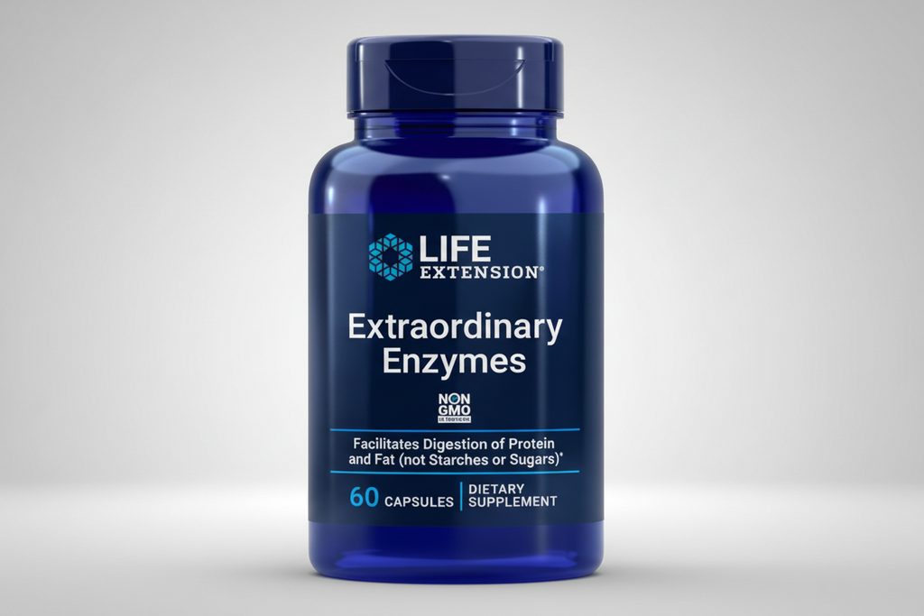 Blue supplement bottle labeled 'Extraordinary Enzymes' by Life Extension on a white background