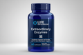 Blue supplement bottle labeled 'Extraordinary Enzymes' by Life Extension on a white background