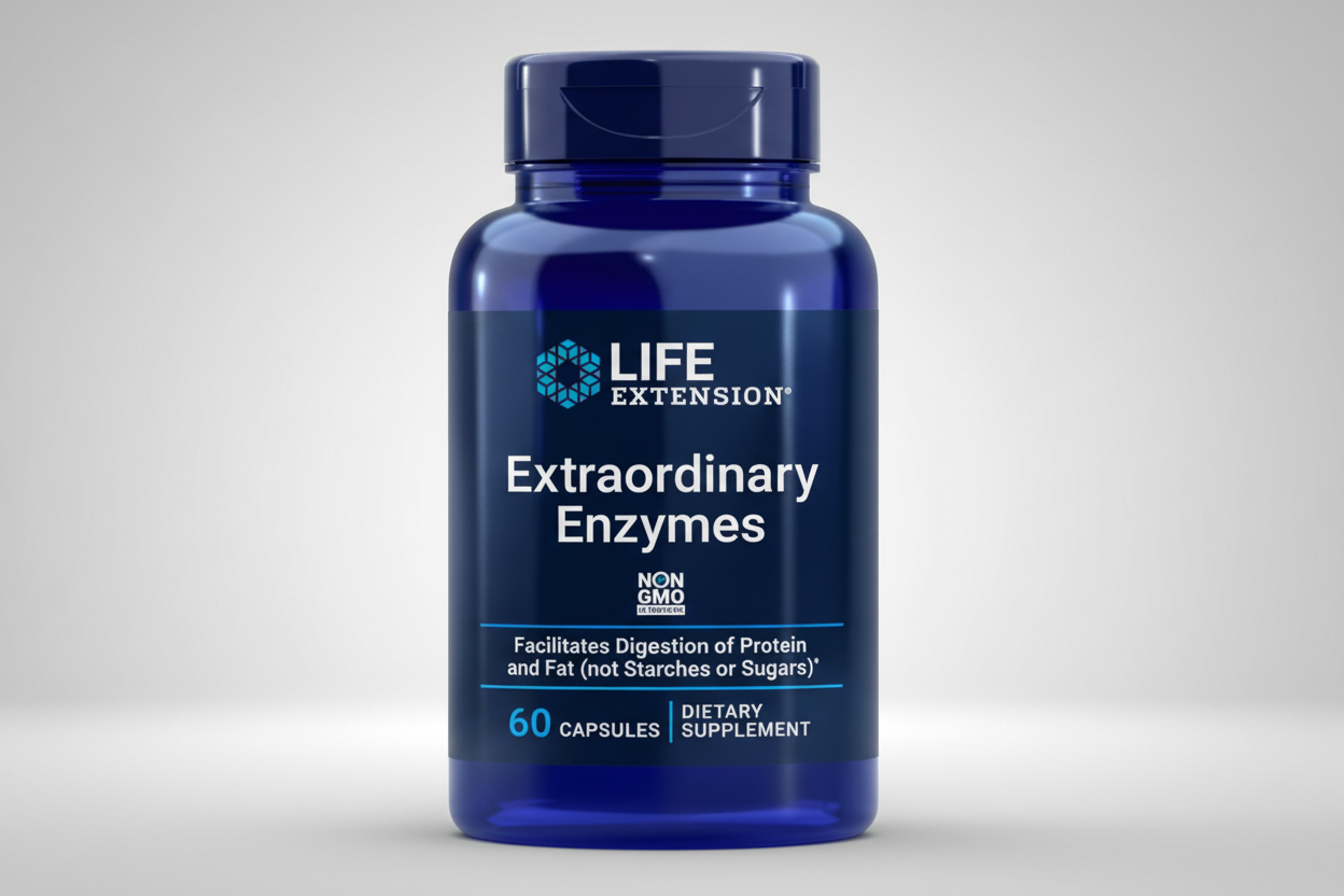 Blue supplement bottle labeled 'Extraordinary Enzymes' by Life Extension on a white background