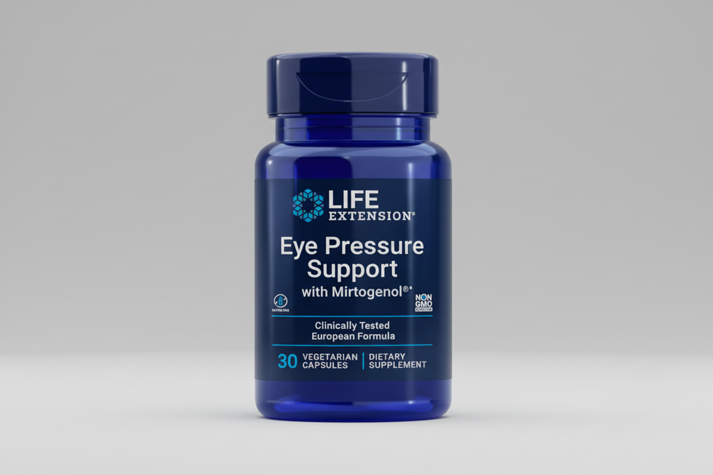 Life Extension Eye Pressure Support supplement bottle on a white background