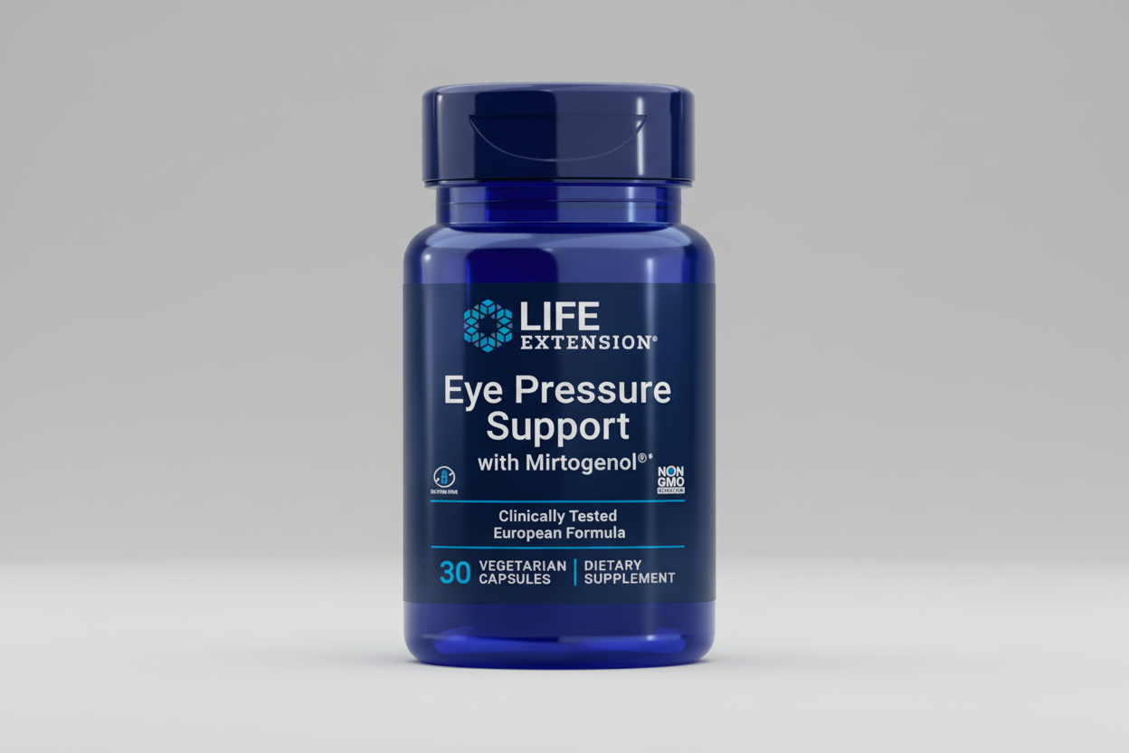 Life Extension Eye Pressure Support supplement bottle on a white background