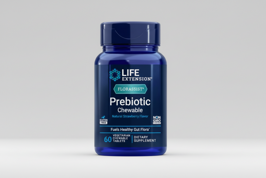 Life Extension Florassist Prebiotic Chewable supplement bottle on a white background