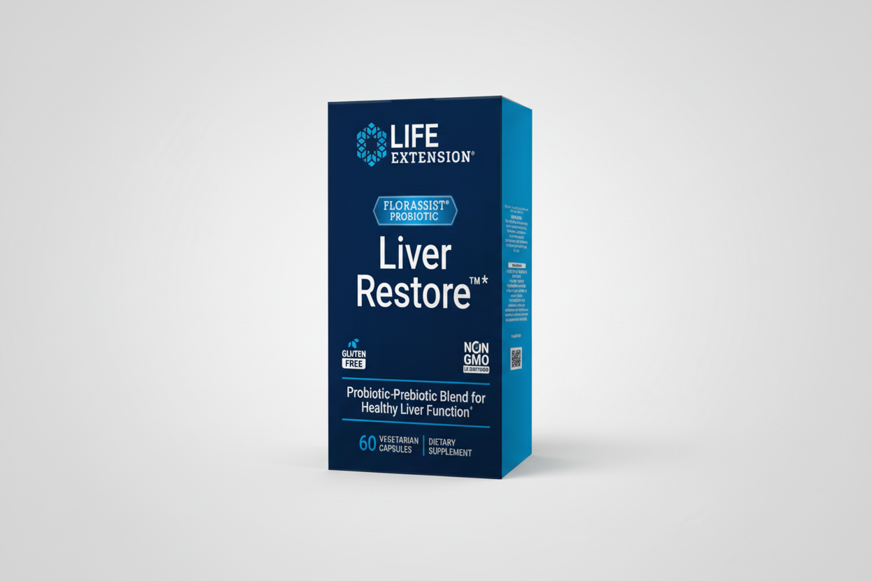Life Extension Liver Restore supplement box on a white background